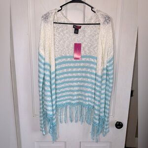 Light Blue and Ivory Open Cardigan Sweater with Tassel Fringe Say What Medium